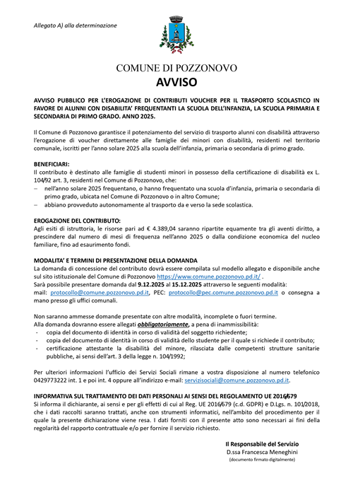Erogazione di contributi voucher per il trasporto scolastico in favore di alunni con disabilità frequentanti la scuola dell'infanzia, primaria e secondaria di primo grado. Anno 2025.