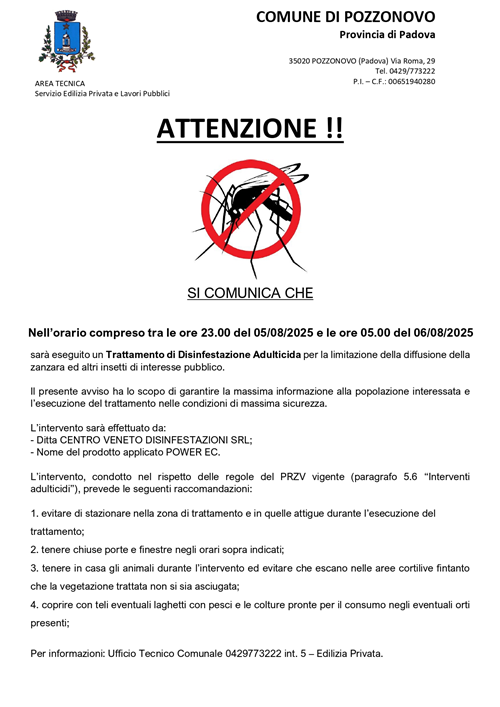 Trattamento di Disinfestazione Adulticida per la limitazione della diffusione della zanzara ed altri insetti di interesse pubblico