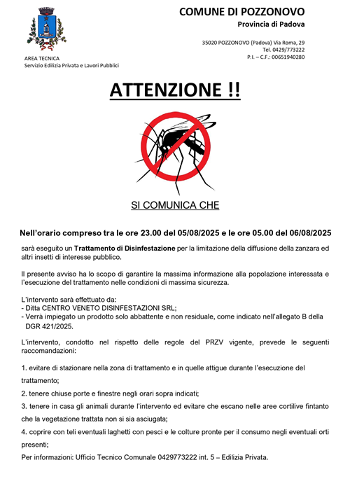 Trattamento di Disinfestazione per la limitazione della diffusione della zanzara ed altri insetti di interesse pubblico.