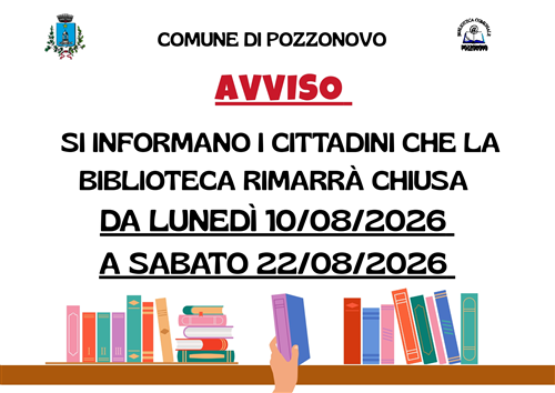 AVVISO ALLA CITTADINANZA: Chiusura estiva della Biblioteca Comunale dal 10 al 22 agosto 2026