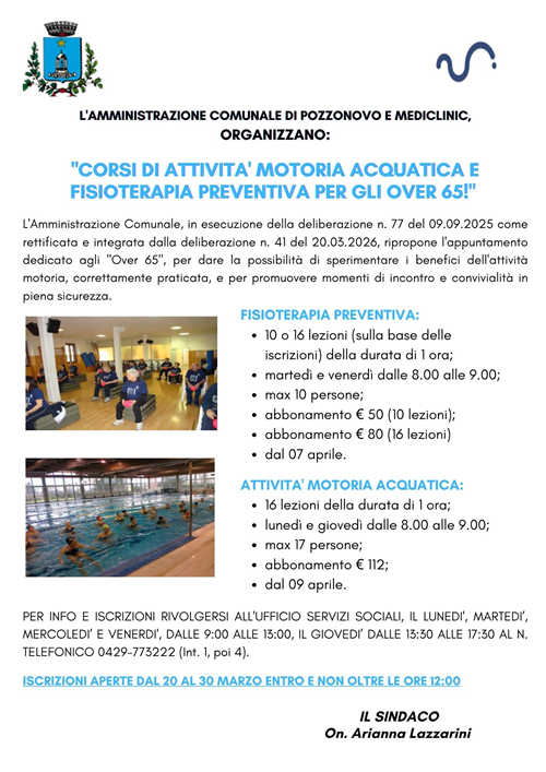 Corsi di attività motoria acquatica e fisioterapia preventiva per gli Over 65!