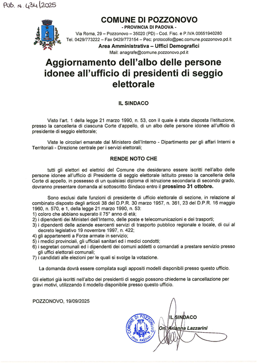 Albo Presidenti di Seggio: Aggiornamento Anno 2025