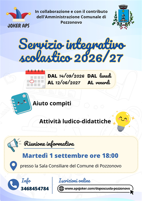Servizi Scolastici Integrativi A.S. 2026/2027: Avvio Servizi di Pre, Post e Doposcuola